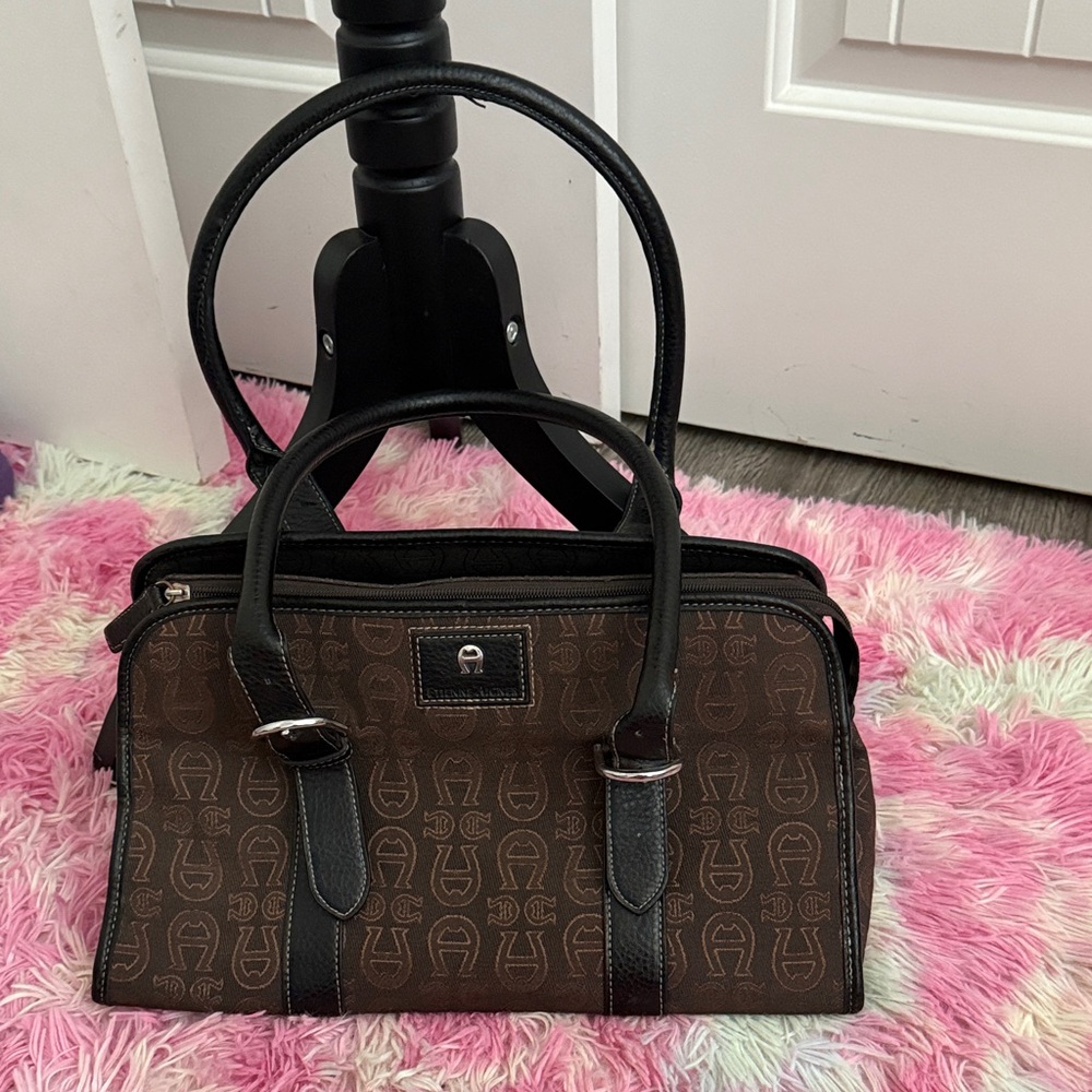Etienne Aigner Monogram Satchel in Brown and Black